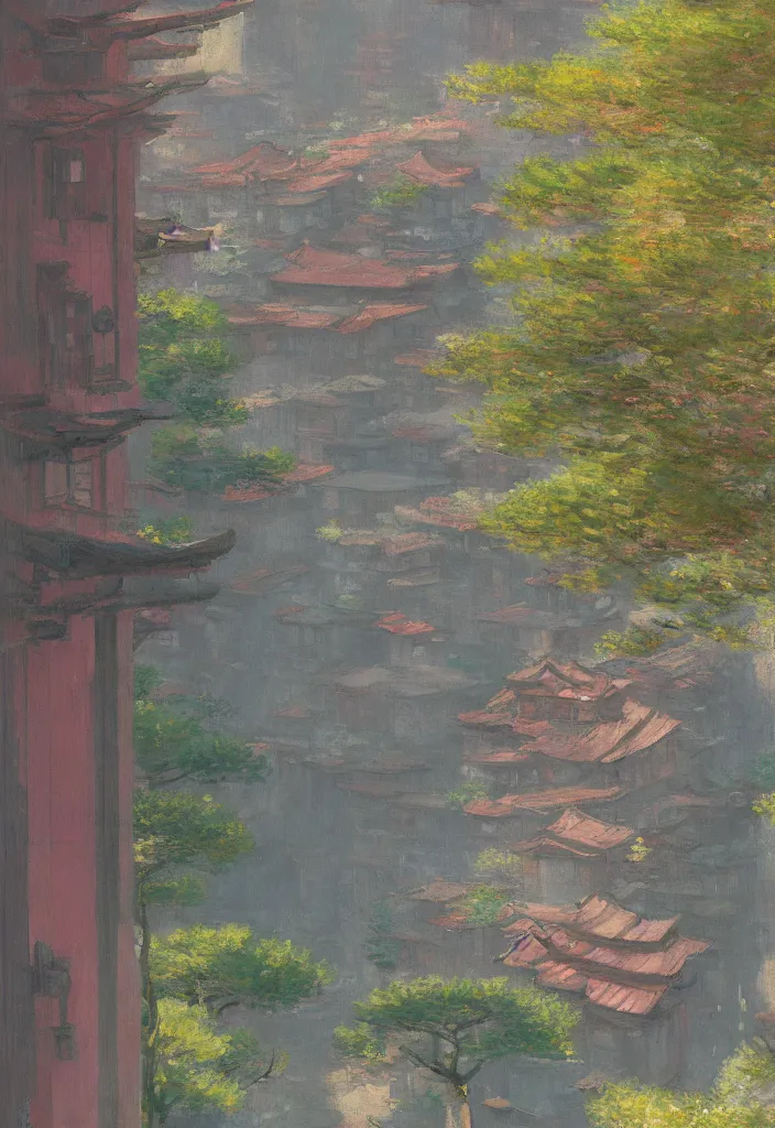 Image similar to a beautiful japanese city in the mountain, amazing ryokans and gorgeous edo era houses, fantastic non human character, epic cyberpunk, lofi vibe, colorful, vivide colors, amazing light, really beautiful nature, by jeremy lipkin, by claude monet, by makoto shinkai, kandinsky touches, inspired by ghibli, masterpiece, beautiful, multiple brush strokes, impressionist style