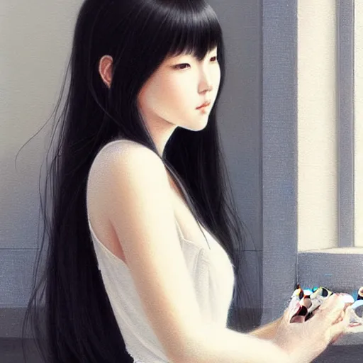 Prompt: a beautiful Korean girl with long dark hair and bangs, wearing a white dress, sitting alone in a cafe, fantasy, intricate, elegant, highly detailed, digital painting, artstation, concept art, matte, sharp focus, illustration, art by Artgerm and Greg Rutkowski and Ilya Kuvshinov