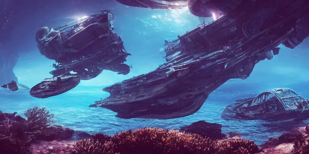 Image similar to underwater enviroment with a crashed alien ship in the background , unreal 5, hyperrealistic, realistic, photorealistic, dynamic lighting, highly detailed, cinematic landscape, studio landscape, studio lighting