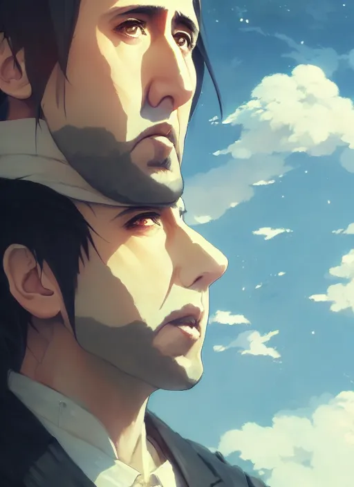 Image similar to portrait of nicolas cage, cloudy sky background lush landscape illustration concept art anime key visual trending pixiv fanbox by wlop and greg rutkowski and makoto shinkai and studio ghibli