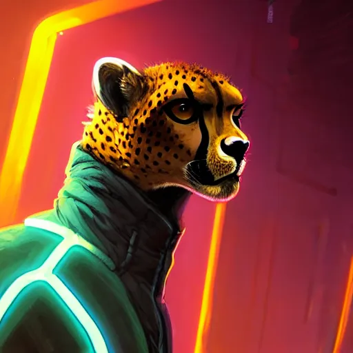 Image similar to a beautiful commission of an anthropomorphic cheetah wearing a neon jacket,futuristic,detailed face,character design by charles bowater,mohawk,cyberpunk style,deviantart,artstation,art by greg rutkowski,ross tran,professional lighting,neon city,night,raytracing,rtx,award winning,western comic style,shaep lineart,cg society