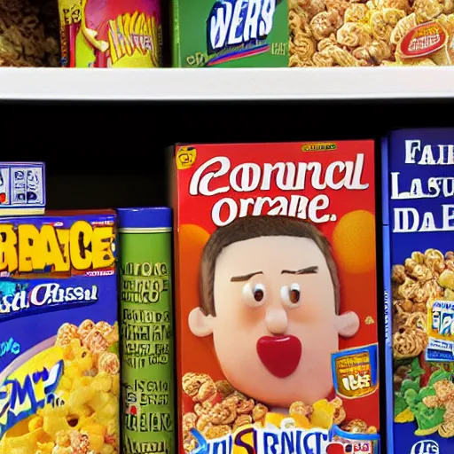 Image similar to close up of a perfectly normal cereal box on the shelf at the grocery store, highly detailed, high definition, ultra realistic