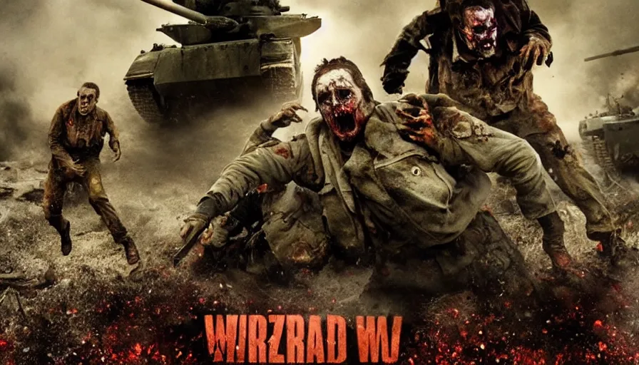 Prompt: big budget movie about a world war 2 where zombies are attacking a tank