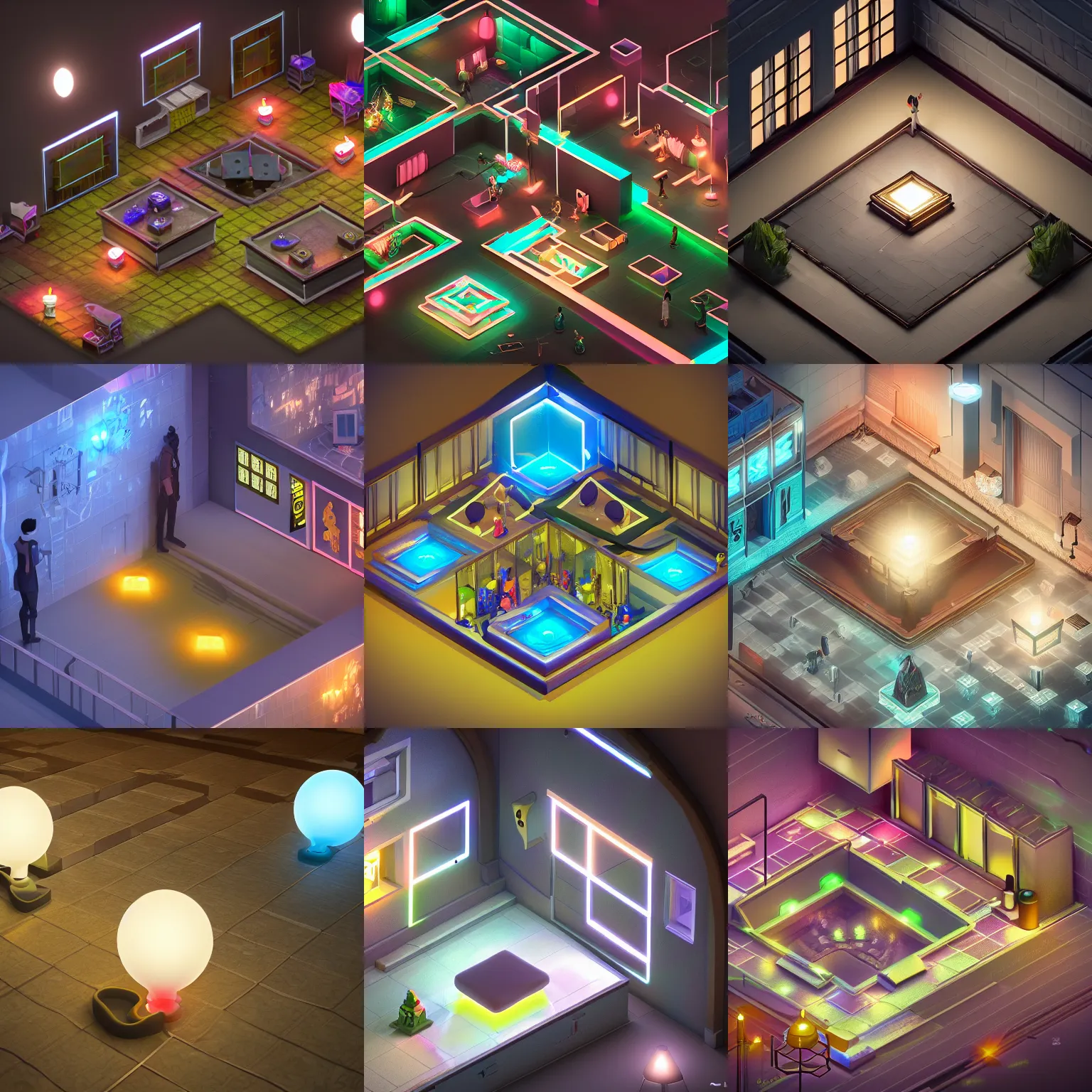 Prompt: isometric game art museum escape room indoor, lights with bloom, trending on artstation, Mohamed Chahin style, vray render with ambient lights and volume 4k