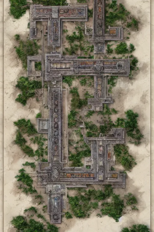 Image similar to full - color fantasy floor plan map of a ruined temple, 8 k, sharp details, highly detailed, bold edges, by greg rutkowski and james gurney, trending on artstation