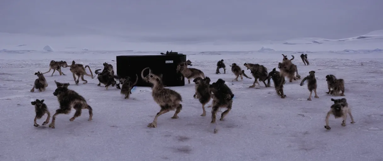 Image similar to filmic extreme wide shot movie still 4 k uhd interior 3 5 mm film color photograph of a bunch of creatures running around mcmurdo station in antartica