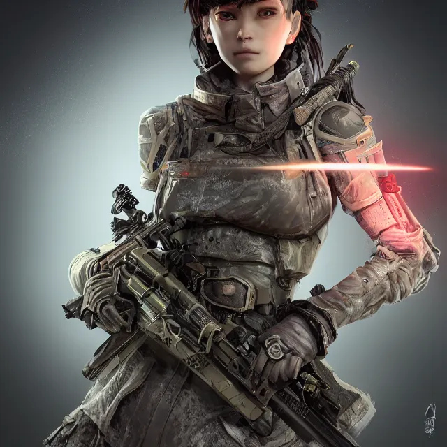 Image similar to the portrait of lawful neutral female futuristic infantry sniper as absurdly beautiful, gorgeous, elegant, young gravure idol, an ultrafine hyperdetailed illustration by kim jung gi, irakli nadar, intricate linework, bright colors, octopath traveler, final fantasy, unreal engine 5 highly rendered, global illumination, radiant light, detailed and intricate environment