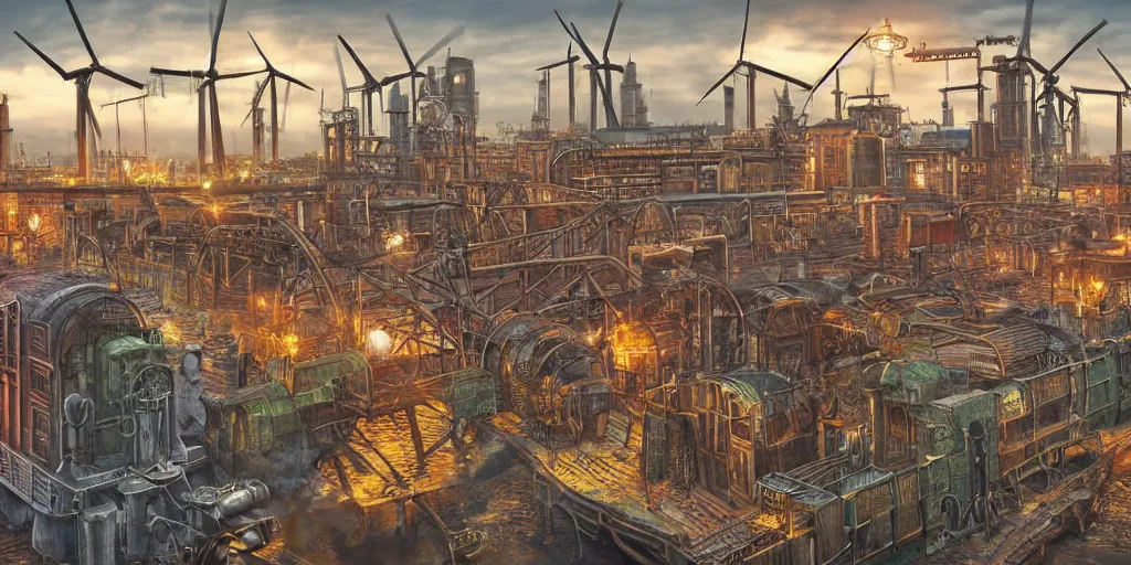 Image similar to A highly-detailed 3d digital artwork cityscape of an industrial steampunk city with windmills, tall wooden buildings, steam-powered factories, floating wooden boats, steel cars, steel steam trains, giant blimps