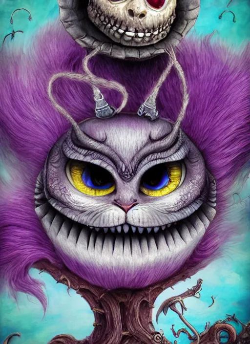 Image similar to cheshire cat the fool tarot card, highly detailed, half skull face, cinematic, 8 k, bymegan duncanson, benjamin lacombe, naoto hattori, adrian borda, giger, trending on deviantart, hyper detailed, horror, full of colour