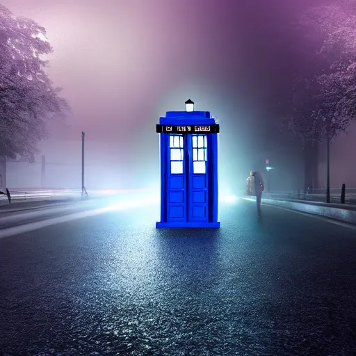 Image similar to a hyperdetailed photograph of the tardis sat on a futuristic street corner, night, dense fog, rain, hd, 8 k resolution