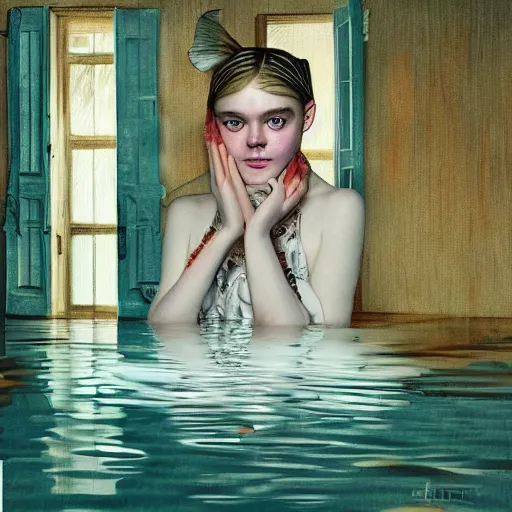 Image similar to pop-surrealism portrait painting of Elle Fanning in a flooded house interior, extremely detailed masterpiece,