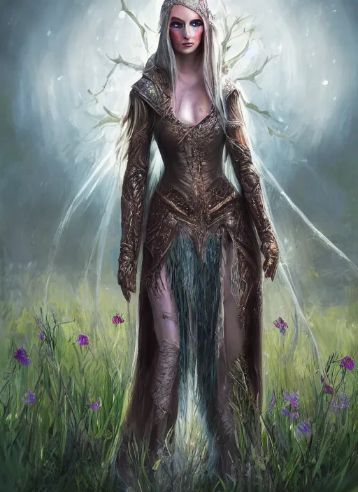 Prompt: an oil canvas painting of beautiful full body concept art beautiful face and beautiful eyes, elven female rogue wearing full intricate clothing standing in a field, soft focus, interesting lights