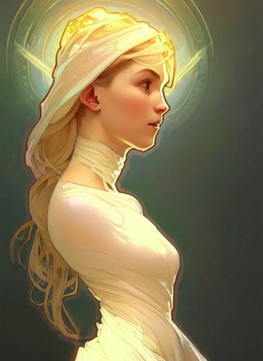 Image similar to digital character concept art by artgerm and greg rutkowski and alphonse mucha. clear portrait of a modern young wife blessed by god to uncontrollably grow overwhelmingly perfect!! blonde, in clothes! feminine well - formed holy body!! light effect. hyper detailed, glowing lights!! intricate, elegant, digital painting, artstation, smooth, sharp focus