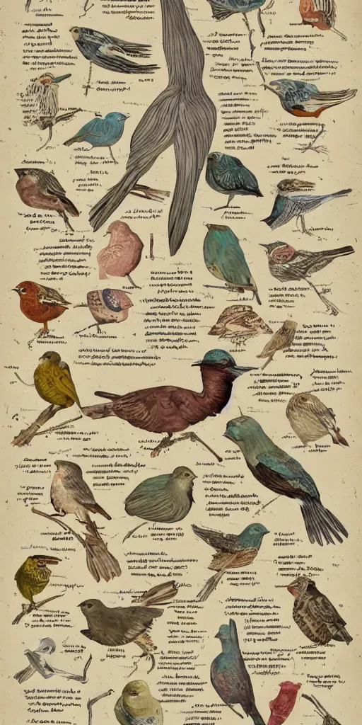 Prompt: anatomy of a bird, diagrams, map, marginalia, sketchbook, old script, inhabited initials, pastel infographic by Wes Anderson