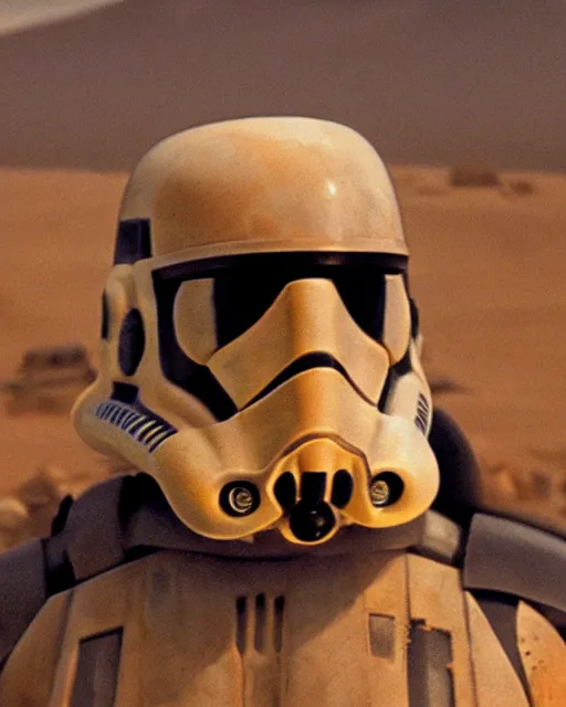 Prompt: star wars film still, closeup portrait of a dirty sandtrooper in the spaceport of mos eisley, dust, scum and villainy, rim light, embers, hyper detailed, smooth, high contrast, volumetric lighting, george lucas, ralph mcquarrie, doug chiang, ryan church