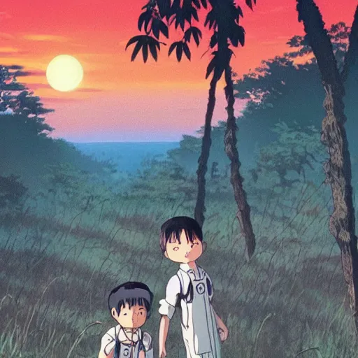 Image similar to Film still from Grave of the Fireflies (1988), evening, Studio Ghibli, Artstation