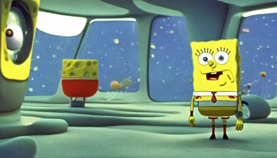 Prompt: 1 9 6 0 s movie still of spongebob, 2 0 0 1 a space odyssey, cinestill 8 0 0 t 3 5 mm, high quality, heavy grain, high detail, panoramic, cinematic composition, dramatic light, ultra wide lens, anamorphic, flares