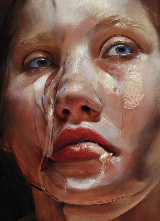 Prompt: high quality high detail painting by jenny saville, hd, a skinny beautiful woman, her face is breaking into pieces, photorealistic lighting