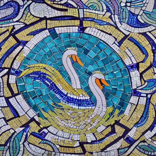 Prompt: detailed tile design, mosaic closeup, depicting swan and waterlily