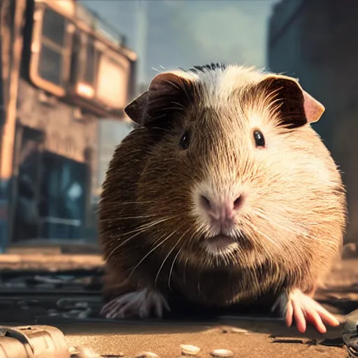 Image similar to guinea pig in gears of war, splash art, movie still, detailed face, photorealistic facial features, cinematic lighting, dramatic, octane render, long lens, shallow depth of field, bokeh, anamorphic lens flare, 8 k, hyper detailed, 3 5 mm film grain