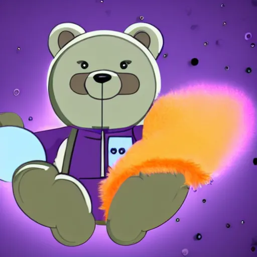 Prompt: cartoon animated bear wearing clothes being launched out of a futuristic machine into a purple and orange cloud land