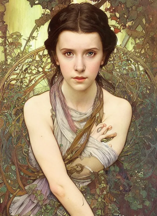 Prompt: realistic detailed painting of a 2 1 - year old girl who resembles millie bobby brown and saoirse ronan with an open mouthed expression, with her arms behind her back, by alphonse mucha, ayami kojima amano, charlie bowater, karol bak, greg hildebrandt