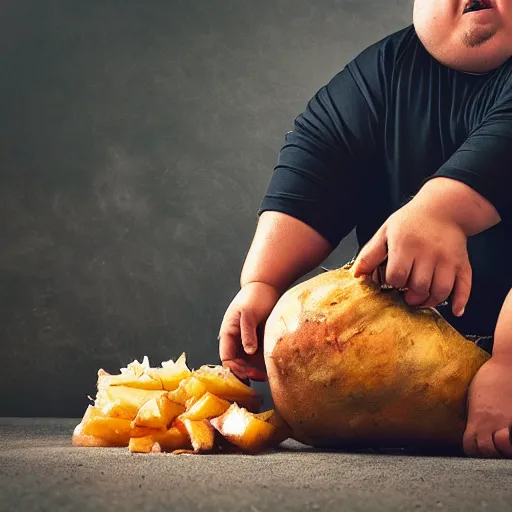 Prompt: a dramatic photo of a slightly fat man smashing a giant yam