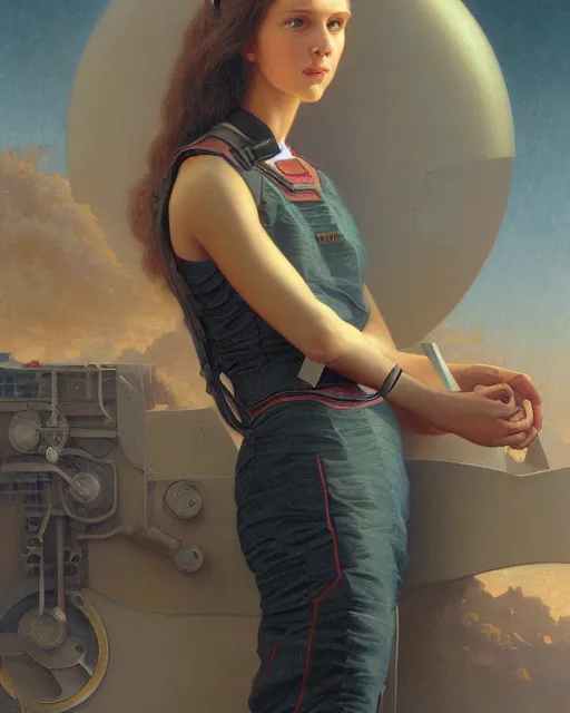 Prompt: a realistic oil painting of a girl resembling alicia vikander or millie bobby brown in a futuristic mechanical spaceship engine, highly detailed, intricate, artstation, by donato giancola and william adolphe bouguereau
