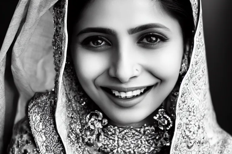 Image similar to still photo of a beautiful pakistani woman smiling at the camera on the street, black and white color aesthetic, highly detailed, photorealistic portrait, bright studio setting, studio lighting, crisp quality and light reflections, unreal engine 5 quality render