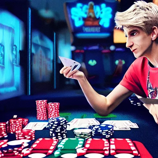 Image similar to film still of xqc gambling in Vegas, 4k, photorealism, artstation style