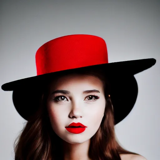 Image similar to fine art portrait photography half - length portrait of stunning girl in a red hat and black dress, kodak portra 4 0 0, 8 k, soft light, volumetric lighting, highly detailed,,