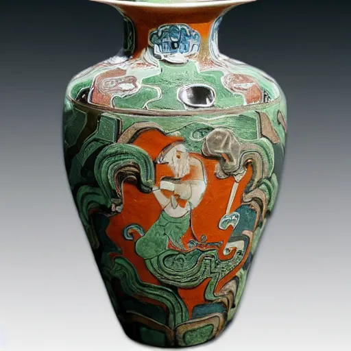 Image similar to vase work, Ancient vase art of Sullivan, mosters inc in art style of chinese art, fragmented clay firing chinese vase with an James P. Sullivan in the style of ancient chinese art, ancient chinese art!!!!! chinese art