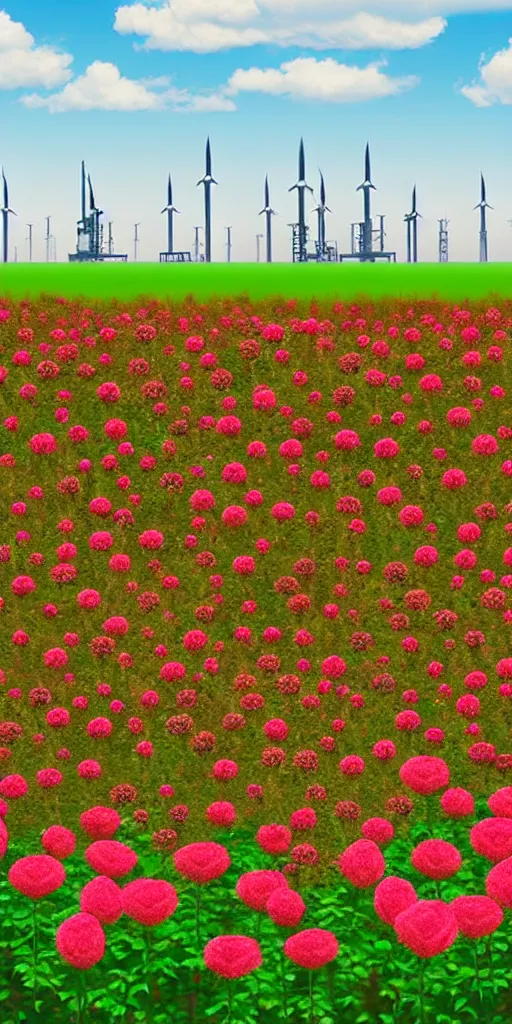 Image similar to photo realistic of a field of rosses with in the background oil industry