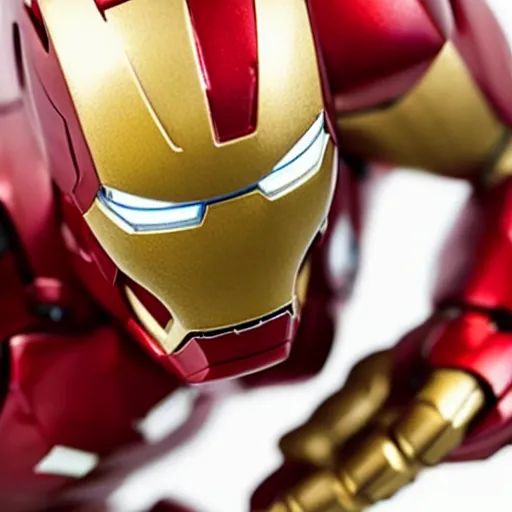 Image similar to close up of Iron man figurine in a dynamic pose on a wooden table, high detail, complex