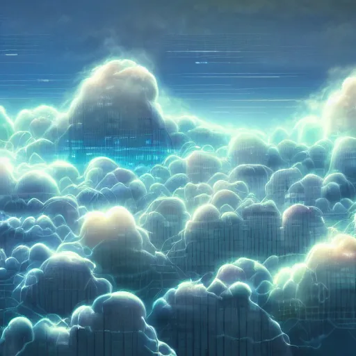 Image similar to this is a beautiful surreal scenery artwork from pixiv. it includes gigantic living inside network of cloud computing material, cloud buildings with internal computer infinites. god lighting, rays, sublimely cold color palette. insanely detailed, artstation!! pixiv!! infinitely detailed