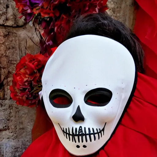 Prompt: la muerte mask with sardinia's traditional female dress