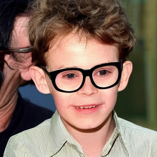 Prompt: harry is described as having his father's perpetually untidy black hair, his mother's bright green eyes, and a lightning bolt - shaped scar on his forehead. he is further described as small and skinny for his age with a thin face and knobbly knees, and he wears windsor glasses.