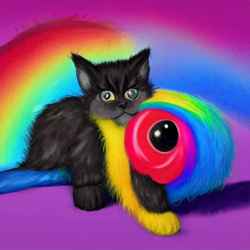 Image similar to wide angle full body, of a fluffy cute rainbow kitten wearing a black motorcycle jacket, concept art