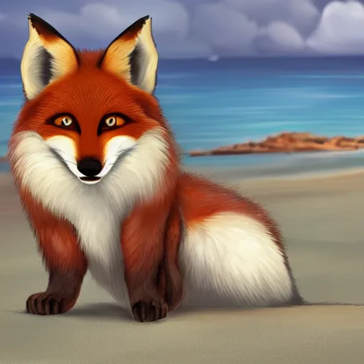 Prompt: a photorealistic adorable fierce furry monster with long fur long floppy rabbit ears chubby body and fox body and wolf legs with thick stubby claws, fox colored fur, grinning at the camera showing sharp teeth, with a mischievous grin, happy lighting, at a tropical beach