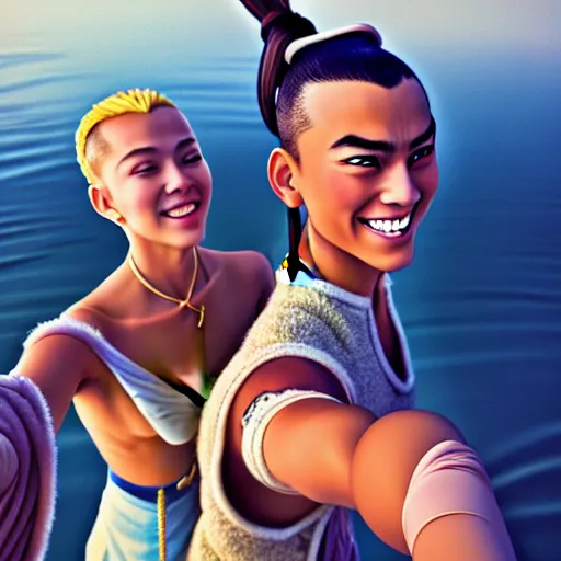 Prompt: beautiful serene intricate photograph of sokka and suki taking a selfie, smiling softly, relaxing on the beach, golden hour, soft focus, 8 k, art by irakli nadar, hyperrealism, hyperdetailed, ultra realistic