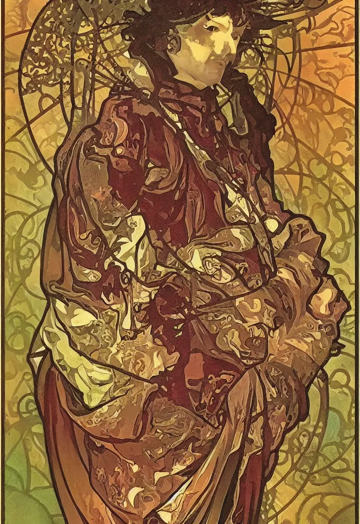 Image similar to Jurgen Schmidhuber as the Devil on a tarot card, tarot major arcana in art style by Alphonse Mucha