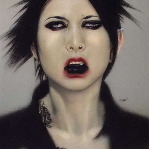 Prompt: A young woman with black and white hair looking disgusted away from the camera, Punk, Portrait by Noriyoshi Ohrai, rendered in octane, oil on canvas