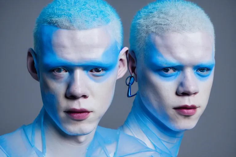 Image similar to a close - up risograph of cyberpunk albinism model men wearing lots of transparent and cellophane accessories, light blue colors, huge earrings and queer make up, blue hour, twilight, cool, portrait, crispy, full - shot, blue sky, kodachrome, photo by mayumi hosokura, style by moebius