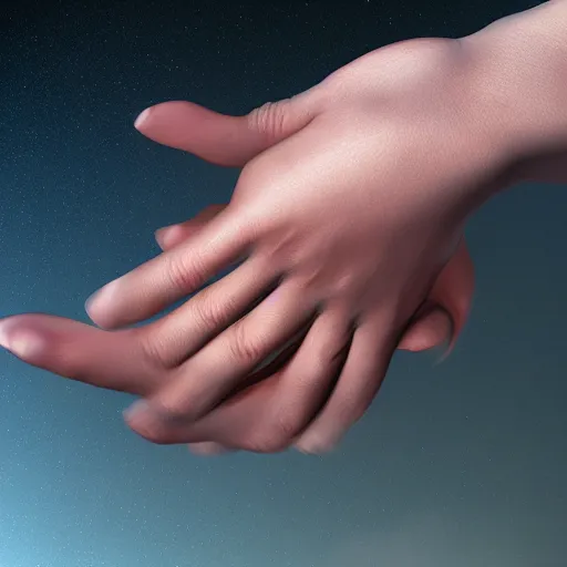 Image similar to hands of a woman and a man seen from the side, fingertips gently touching, romantic, hyper realistic digital art, dreamily atmosphere