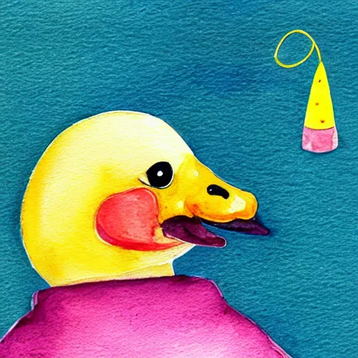 Image similar to watercolor yellow duck with party horn, cute illustration by claudia gadotti