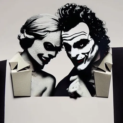 Image similar to mimmo rottela and banksy as joaquin phoenix skinny joker holding hand lady gaga harley queen, photorealistic, intricate details, pop art style, concept art, details object, random object movement, 3 colors, 4 k, 4 d, smooth, sharp focus