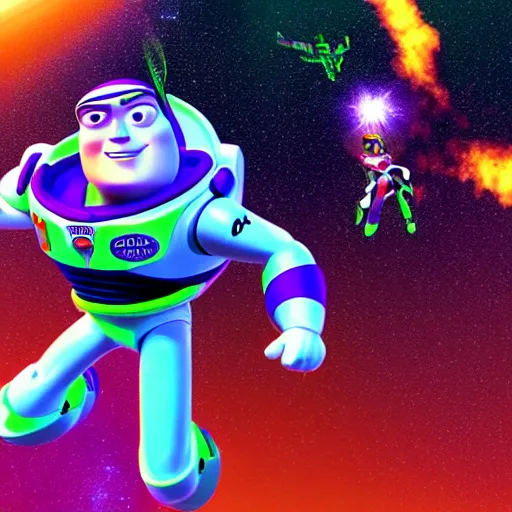 Prompt: bruno mars as buzz lightyear flying through space fighting the power rangers with lazers