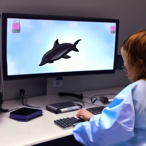 Image similar to A dolphin wearing a chemist outfit playing games on a computer