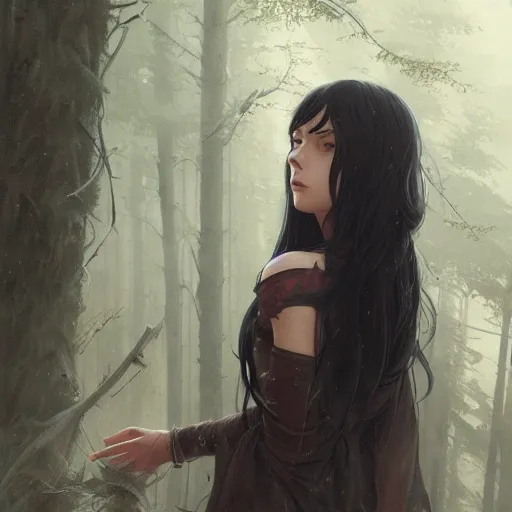 Image similar to a beautiful young woman with long black hair, forest background, sharp focus, intricate, digital painting, artstation, highly detailed, ambient lighting, illustration, art by Studio Ghibli and Greg Rutkowski