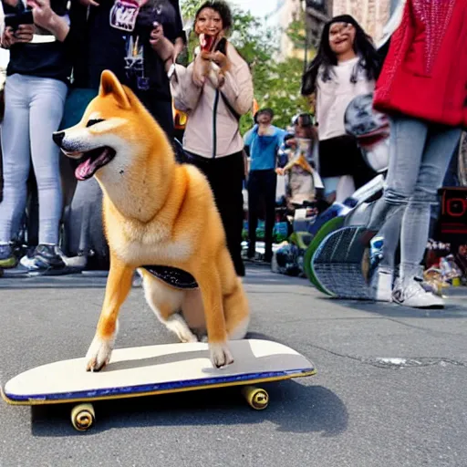 Image similar to a happy shiba inu performs a perfect kick flip on his skateboard in new york city whilst a crowd watches, beautiful photograph